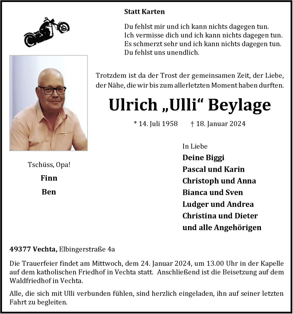  Traueranzeige für Ulrich Beylage vom 22.01.2024 aus OM-Medien