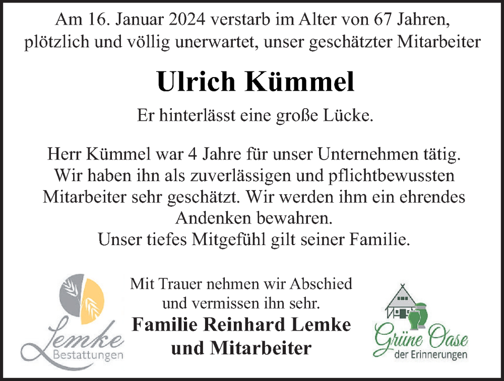  Traueranzeige für Ulrich Kümmel vom 22.01.2024 aus OM-Medien