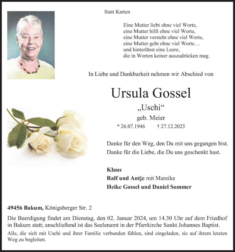  Traueranzeige für Ursula Gossel vom 30.12.2023 aus OM-Medien