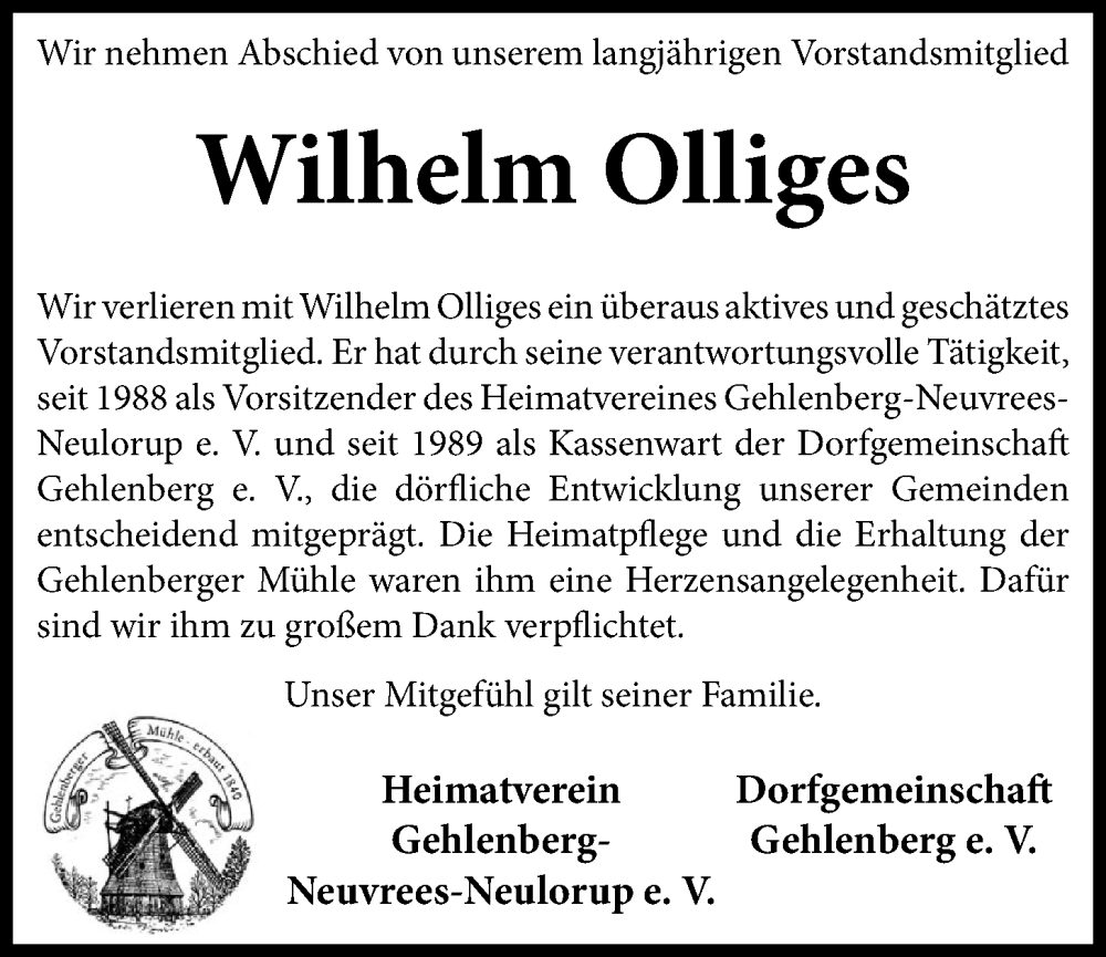  Traueranzeige für Wilhelm Olliges vom 26.01.2024 aus OM-Medien
