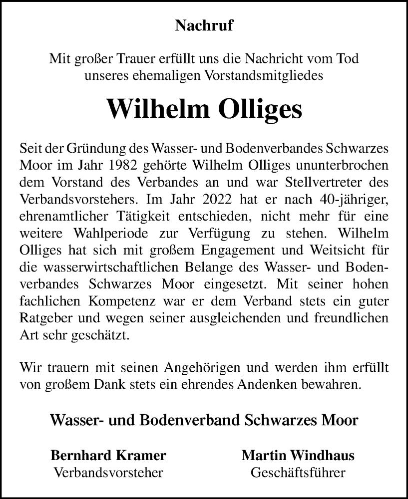  Traueranzeige für Wilhelm Olliges vom 26.01.2024 aus OM-Medien