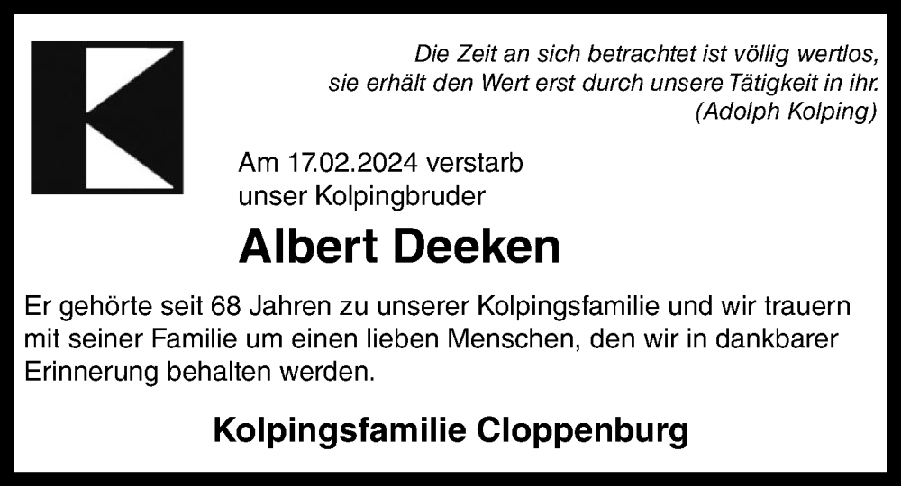  Traueranzeige für Albert Deeken vom 22.02.2024 aus OM-Medien