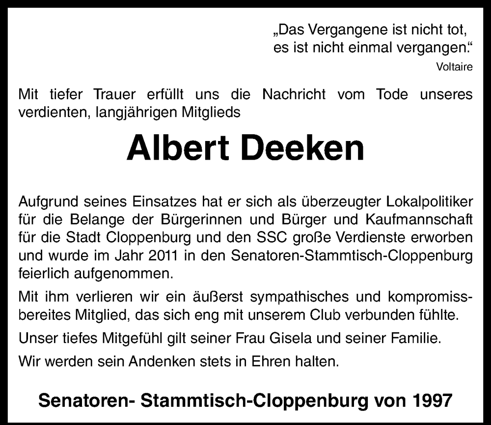  Traueranzeige für Albert Deeken vom 21.02.2024 aus OM-Medien