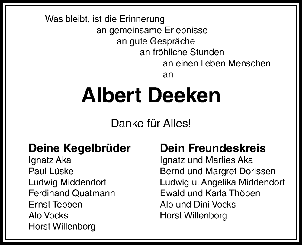  Traueranzeige für Albert Deeken vom 22.02.2024 aus OM-Medien