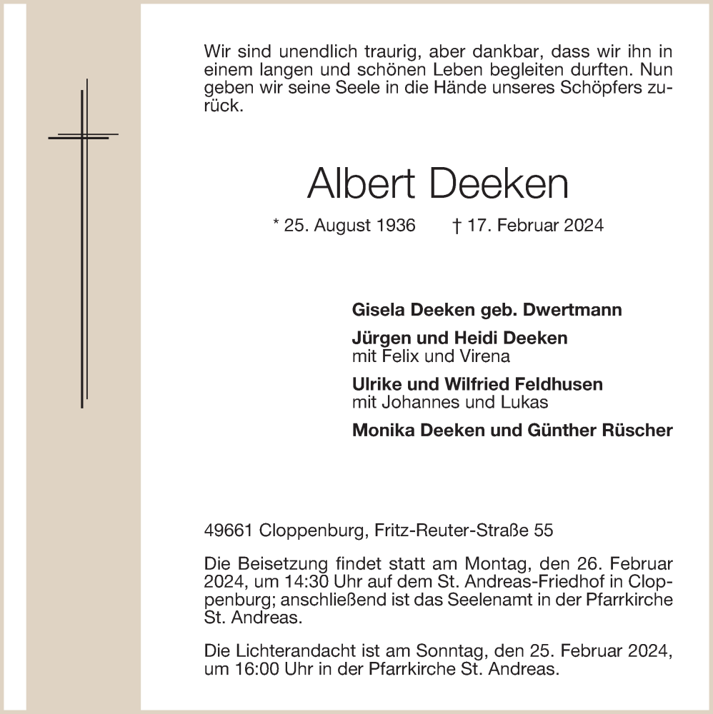  Traueranzeige für Albert Deeken vom 21.02.2024 aus OM-Medien