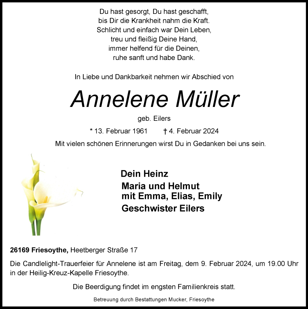  Traueranzeige für Annelene Müller vom 07.02.2024 aus OM-Medien