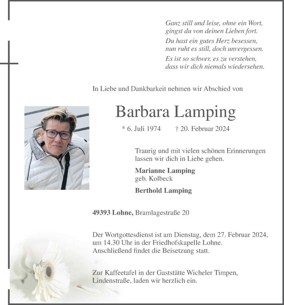  Traueranzeige für Barbara Lamping vom 23.02.2024 aus OM-Medien