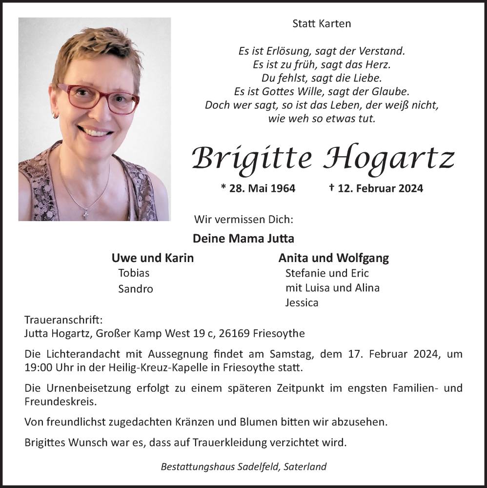  Traueranzeige für Brigitte Hogartz vom 14.02.2024 aus OM-Medien