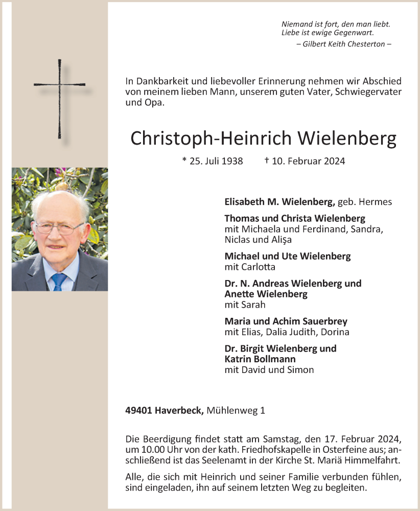  Traueranzeige für Christoph-Heinrich Wielenberg vom 14.02.2024 aus OM-Medien