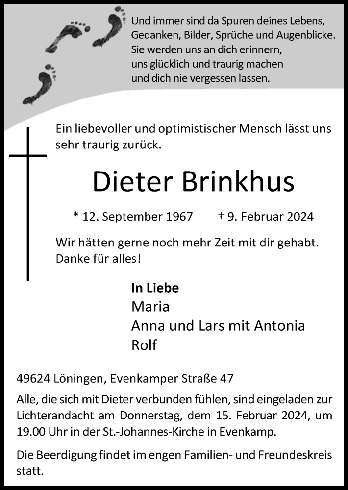  Traueranzeige für Dieter Brinkhus vom 13.02.2024 aus OM-Medien