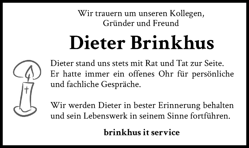  Traueranzeige für Dieter Brinkhus vom 15.02.2024 aus OM-Medien