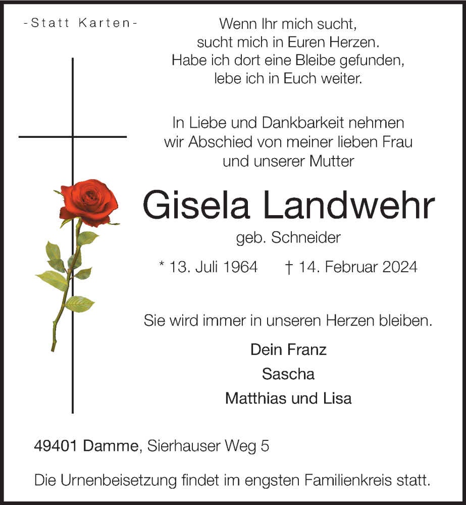  Traueranzeige für Gisela Landwehr vom 17.02.2024 aus OM-Medien
