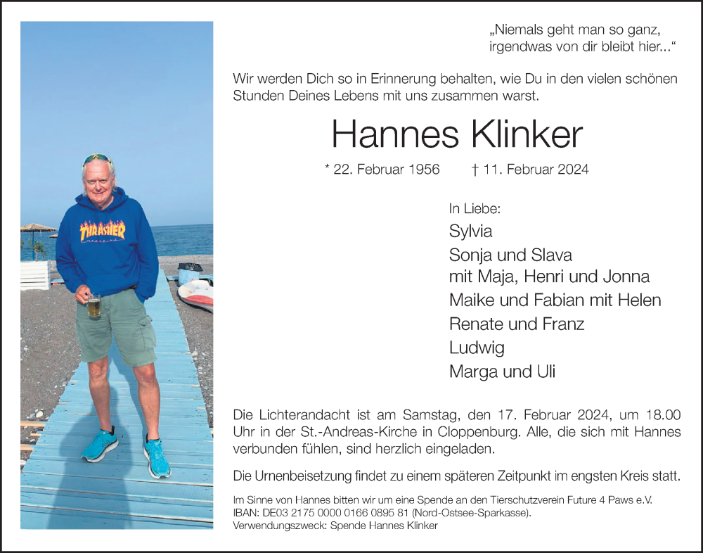  Traueranzeige für Hannes Klinker vom 15.02.2024 aus OM-Medien