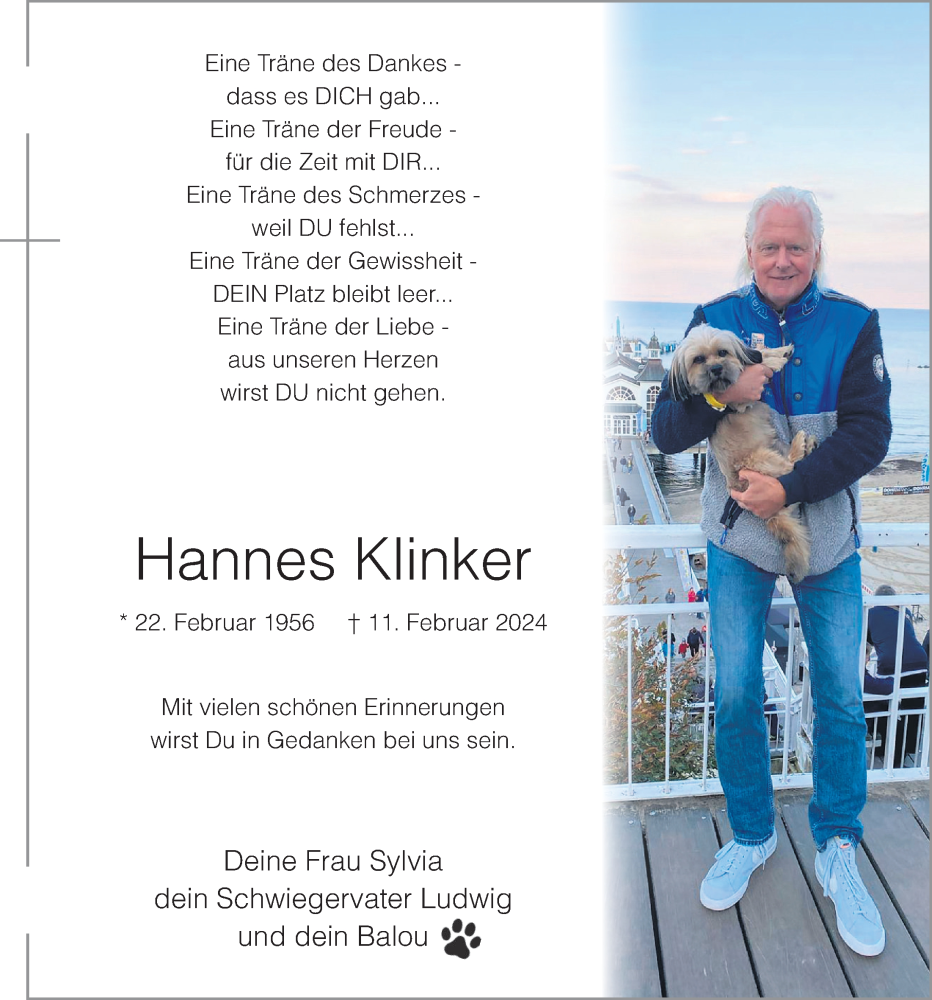  Traueranzeige für Hannes Klinker vom 15.02.2024 aus OM-Medien