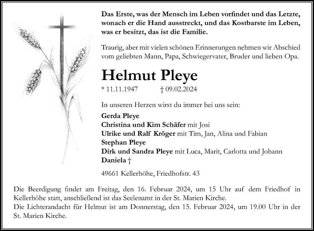  Traueranzeige für Helmut Pleye vom 13.02.2024 aus OM-Medien