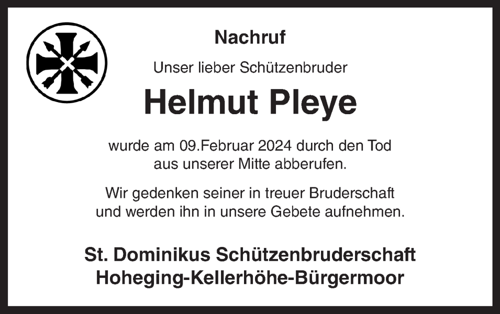  Traueranzeige für Helmut Pleye vom 14.02.2024 aus OM-Medien