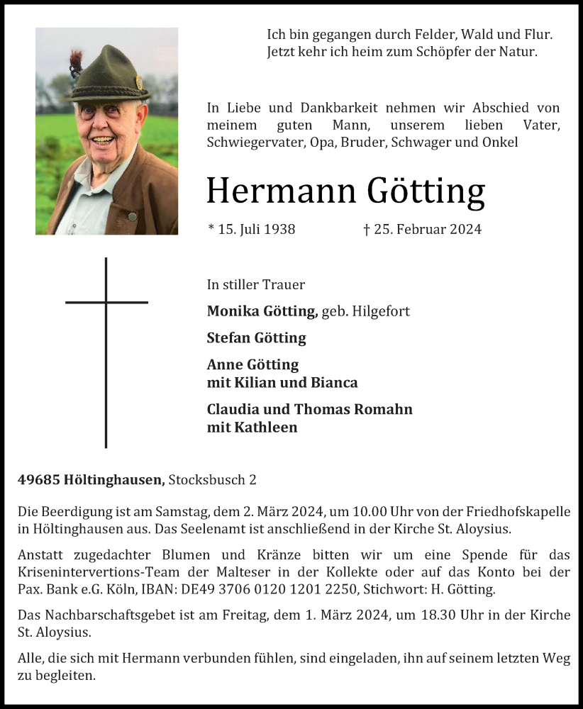  Traueranzeige für Hermann Götting vom 28.02.2024 aus OM-Medien
