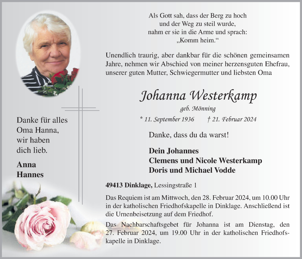  Traueranzeige für Johanna Westerkamp vom 26.02.2024 aus OM-Medien