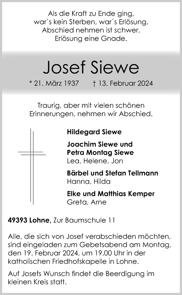  Traueranzeige für Josef Siewe vom 17.02.2024 aus OM-Medien