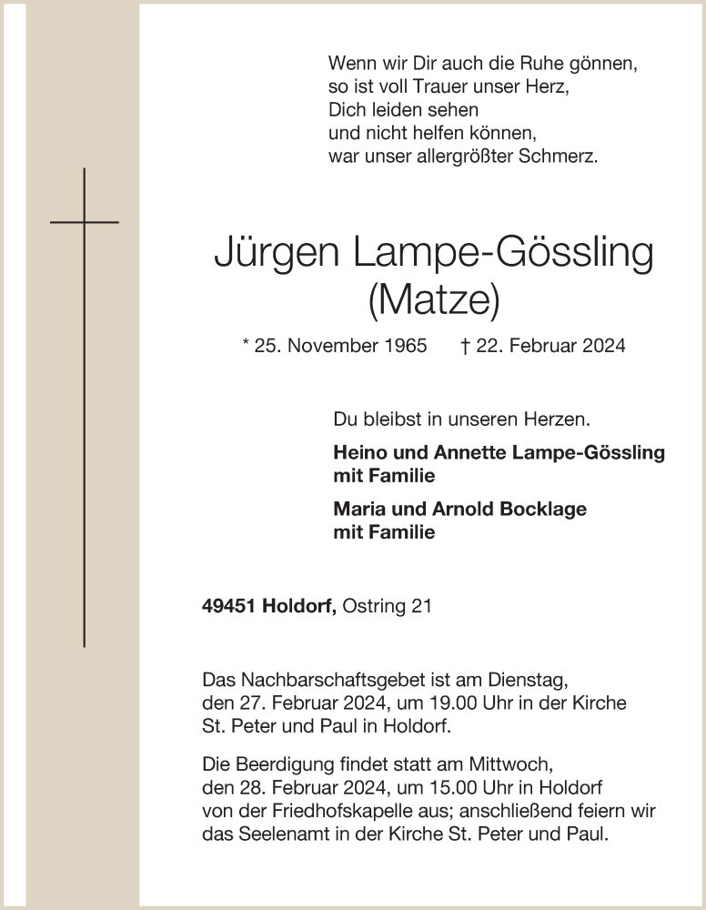  Traueranzeige für Jürgen Lampe-Gössling vom 26.02.2024 aus OM-Medien