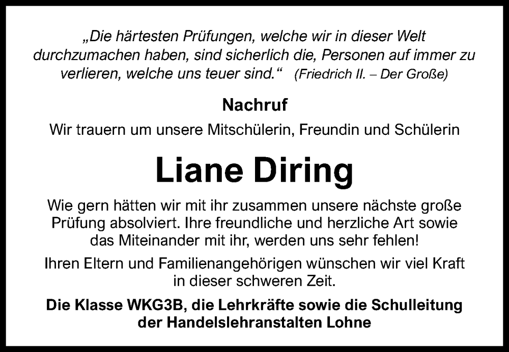  Traueranzeige für Liane Diring vom 17.02.2024 aus OM-Medien