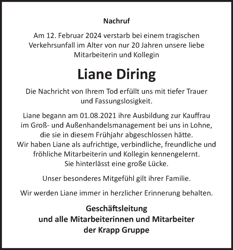  Traueranzeige für Liane Diring vom 16.02.2024 aus OM-Medien