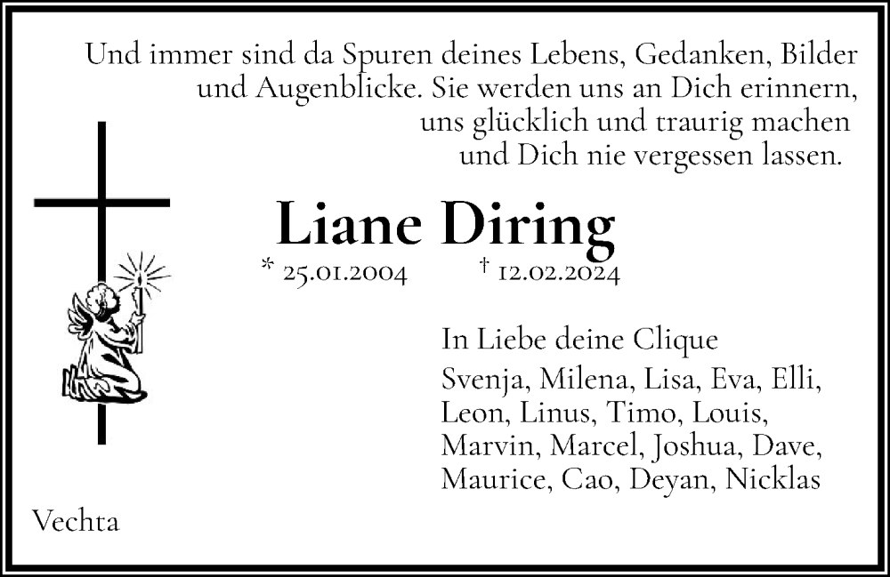  Traueranzeige für Liane Diring vom 15.02.2024 aus OM-Medien