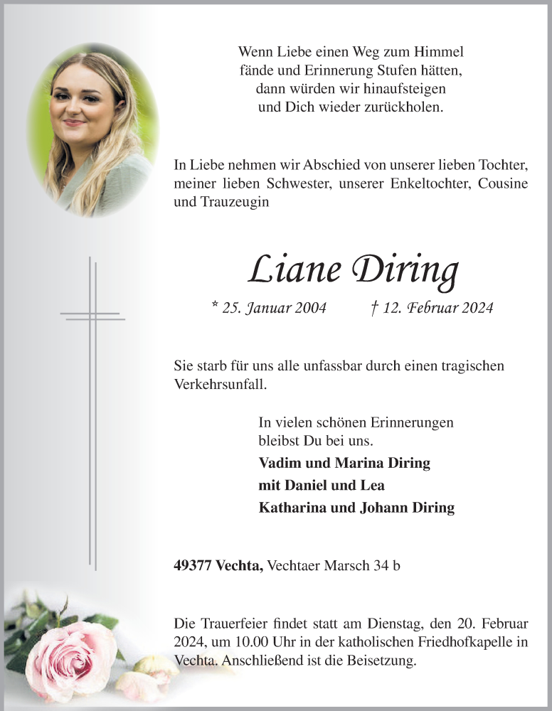  Traueranzeige für Liane Diring vom 15.02.2024 aus OM-Medien