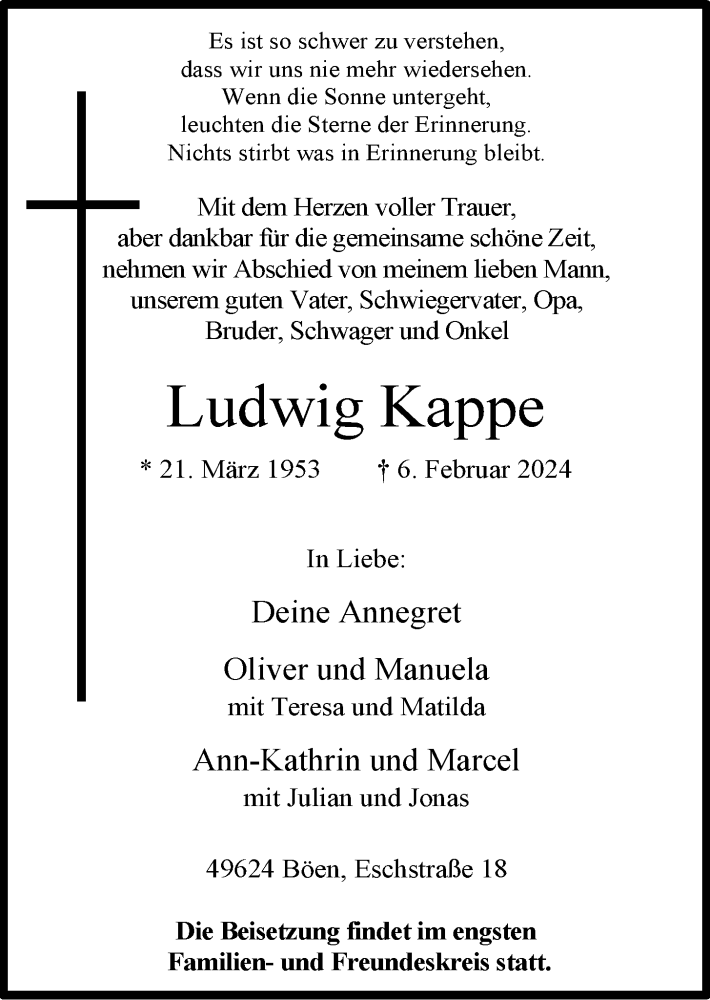  Traueranzeige für Ludwig Kappe vom 10.02.2024 aus OM-Medien