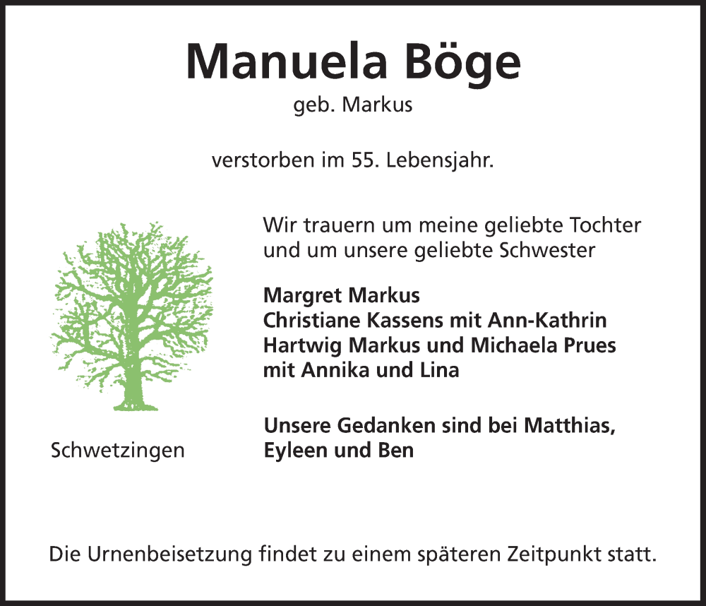  Traueranzeige für Manuela Böge vom 28.02.2024 aus OM-Medien