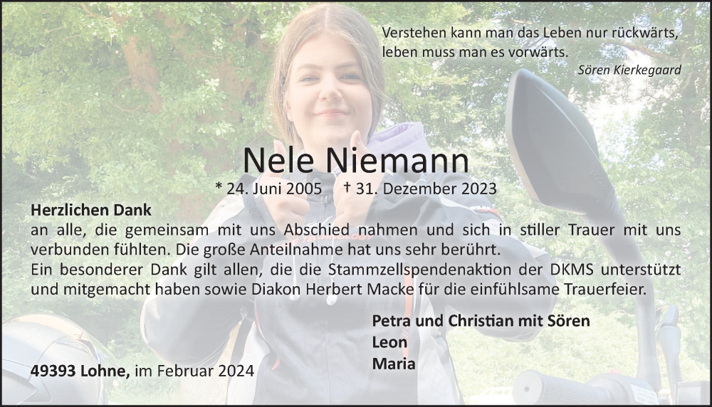  Traueranzeige für Nele Niemann vom 11.02.2024 aus OM-Medien