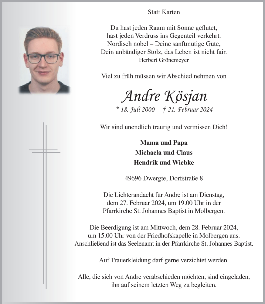 Traueranzeige für Andre Kösjan vom 24.02.2024 aus OM-Medien