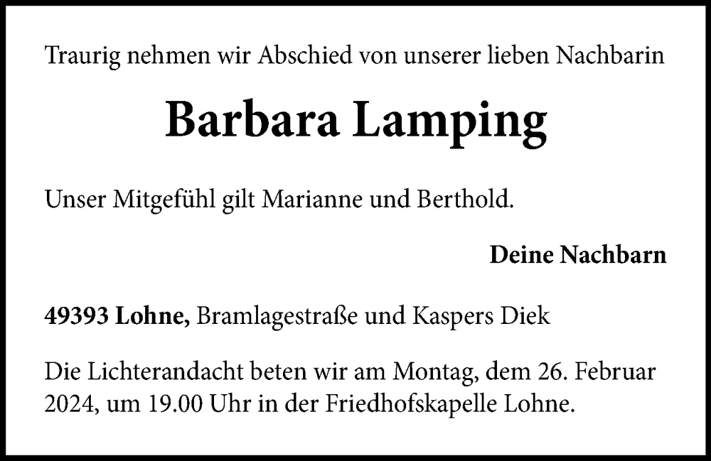  Traueranzeige für Barbara Lamping vom 24.02.2024 aus OM-Medien