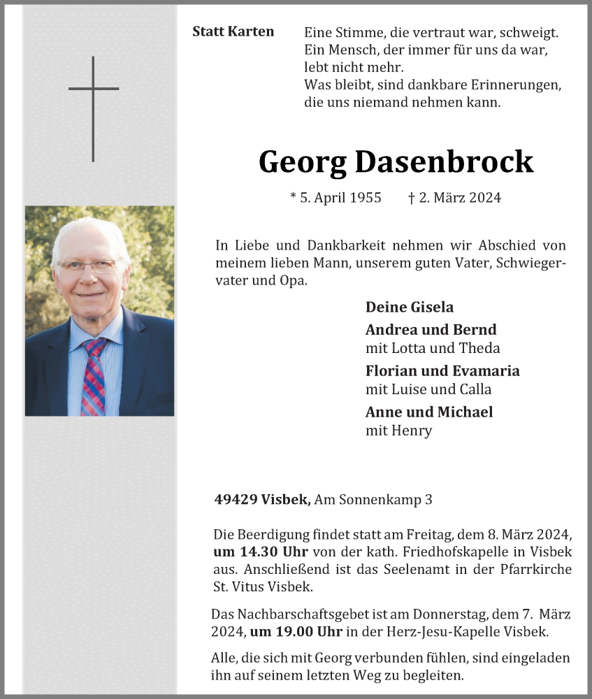  Traueranzeige für Georg Dasenbrock vom 05.03.2024 aus OM-Medien