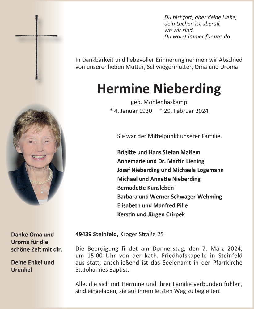  Traueranzeige für Hermine Nieberding vom 02.03.2024 aus OM-Medien
