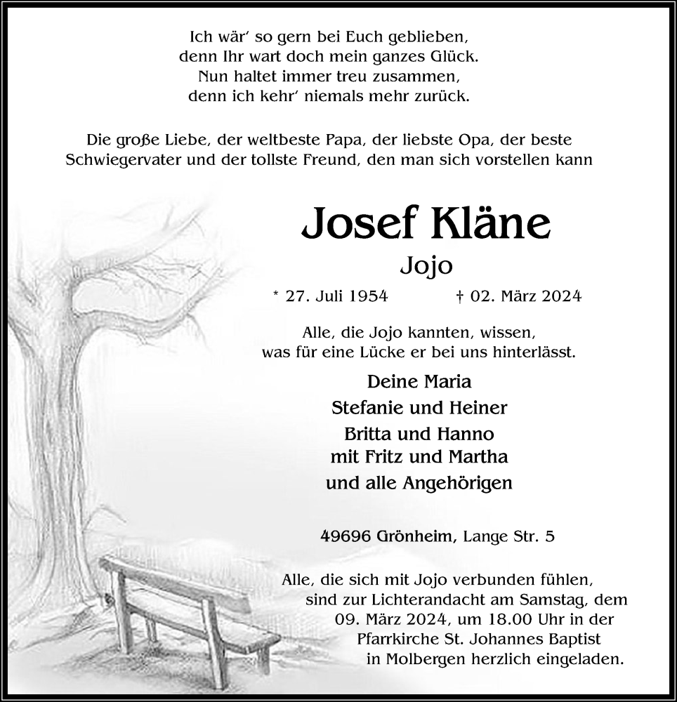  Traueranzeige für Josef Kläne vom 06.03.2024 aus OM-Medien