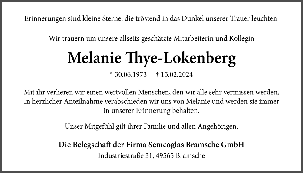  Traueranzeige für Melanie Thye-Lokenberg vom 24.02.2024 aus OM-Medien