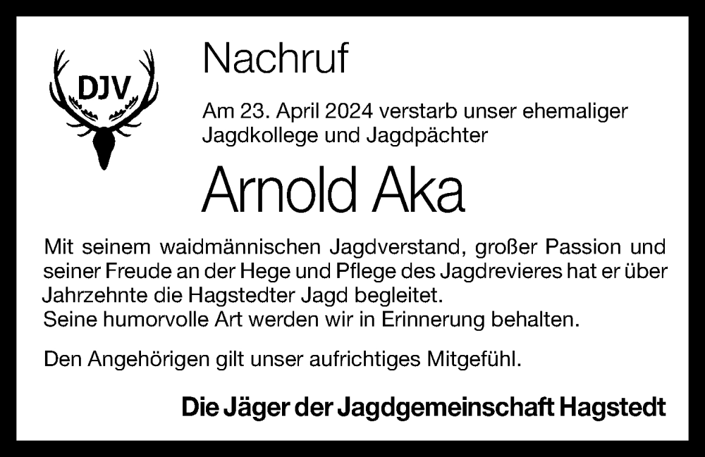  Traueranzeige für Arnold Aka vom 26.04.2024 aus OM-Medien