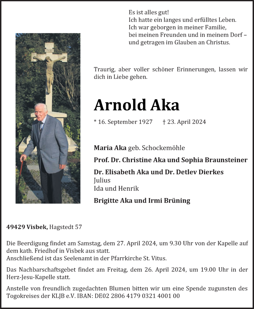  Traueranzeige für Arnold Aka vom 26.04.2024 aus OM-Medien