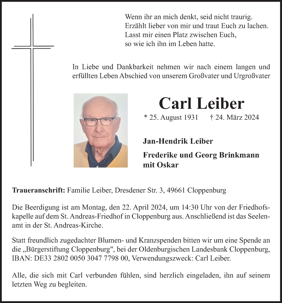  Traueranzeige für Carl Leiber vom 18.04.2024 aus OM-Medien