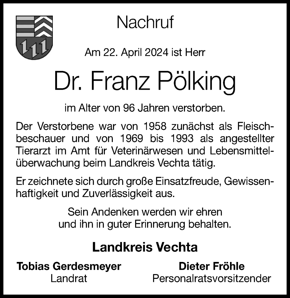  Traueranzeige für Franz Pölking vom 25.04.2024 aus OM-Medien
