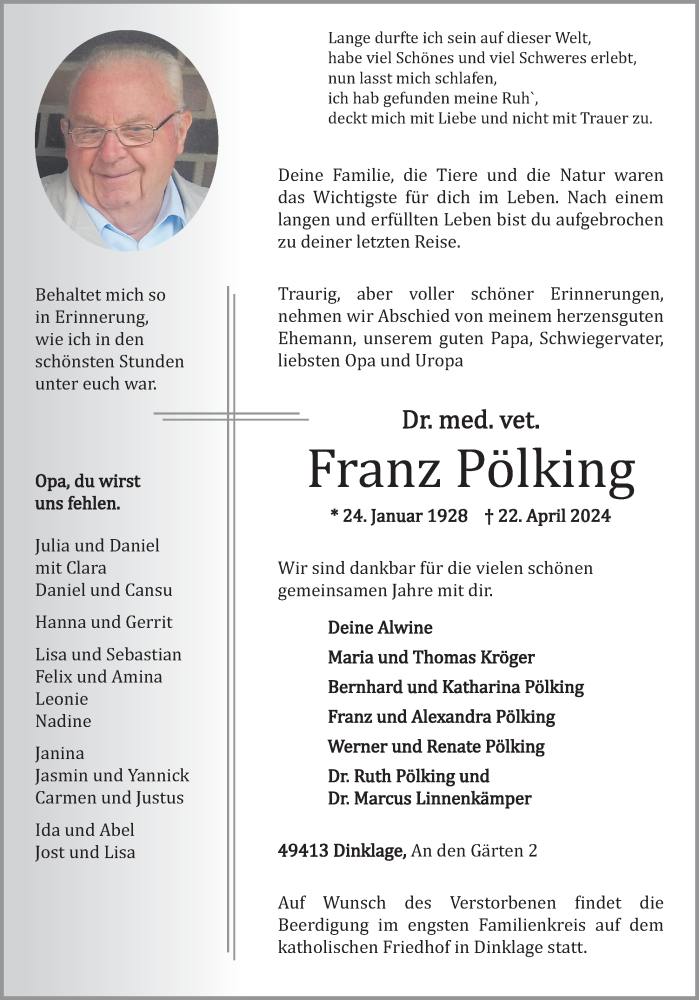 Traueranzeige für Franz Pölking vom 24.04.2024 aus OM-Medien
