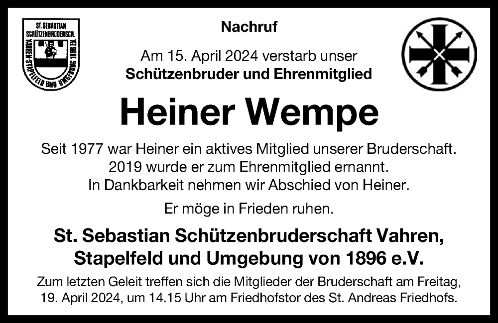  Traueranzeige für Heiner Wempe vom 18.04.2024 aus OM-Medien