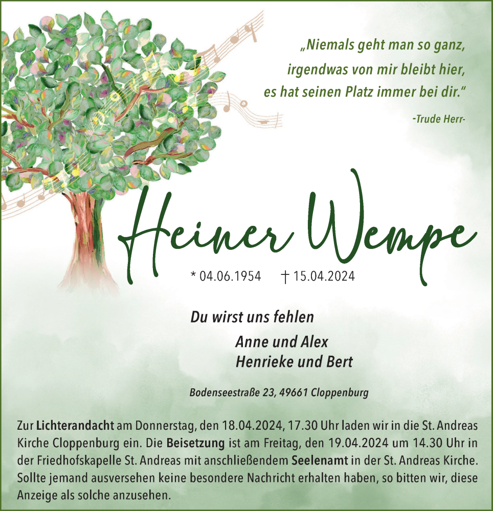  Traueranzeige für Heiner Wempe vom 17.04.2024 aus OM-Medien