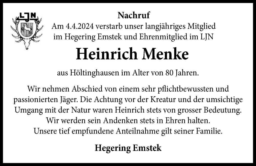  Traueranzeige für Heinrich Menke vom 16.04.2024 aus OM-Medien