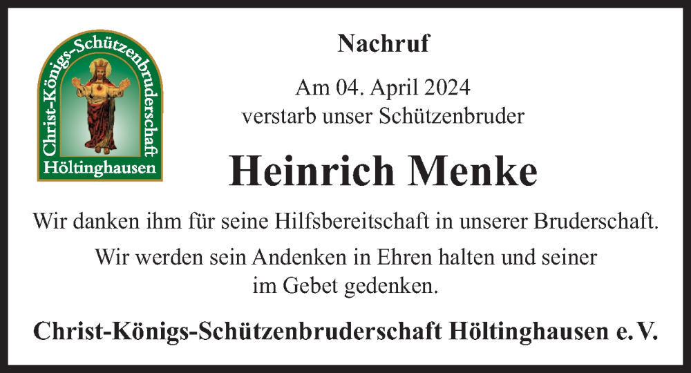  Traueranzeige für Heinrich Menke vom 16.04.2024 aus OM-Medien