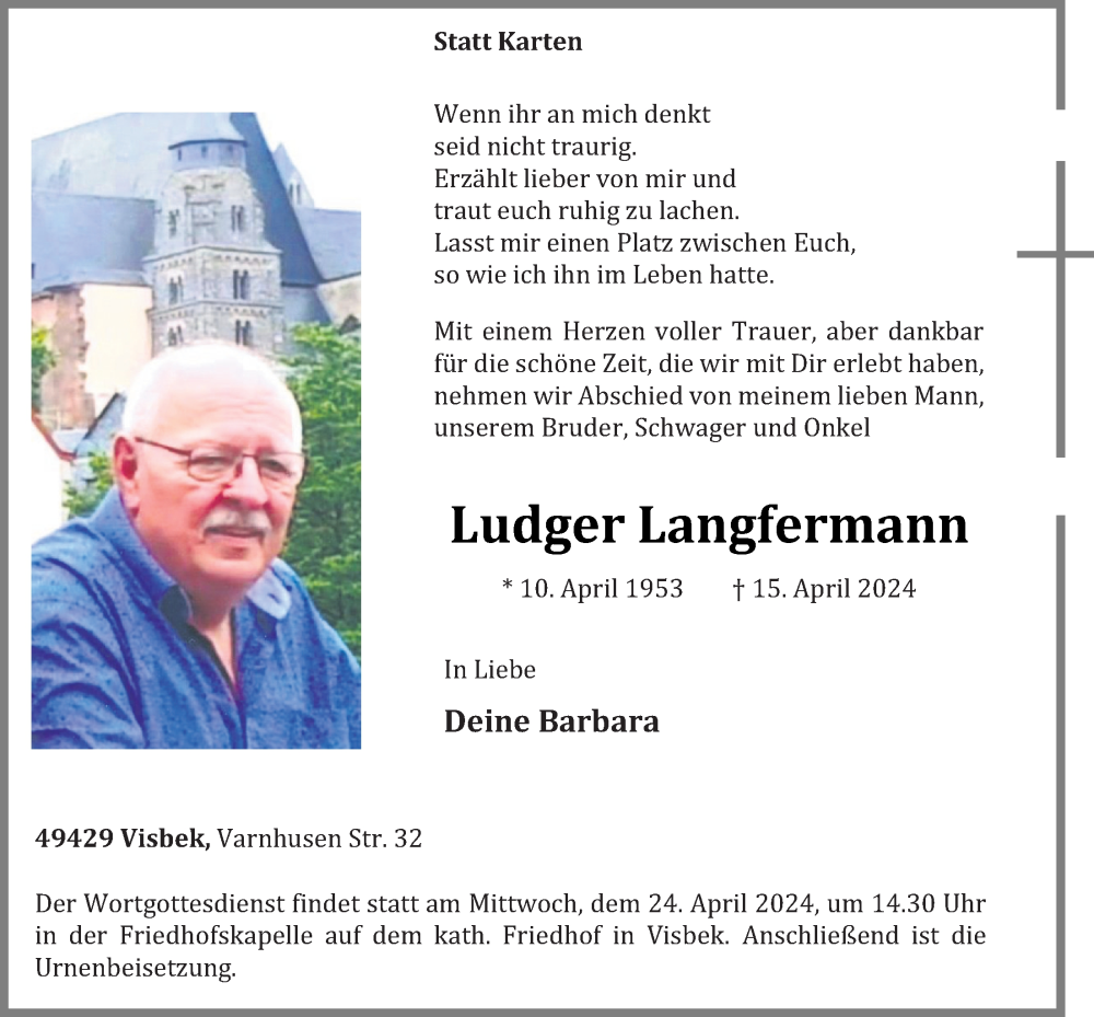  Traueranzeige für Ludger Langfermann vom 18.04.2024 aus OM-Medien