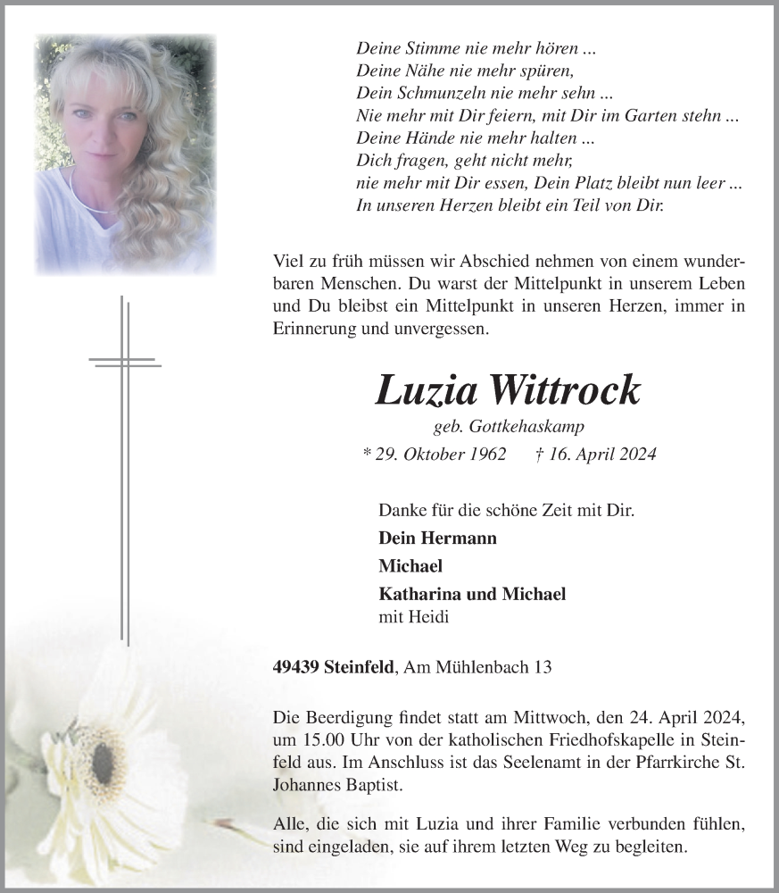  Traueranzeige für Luzia Wittrock vom 19.04.2024 aus OM-Medien