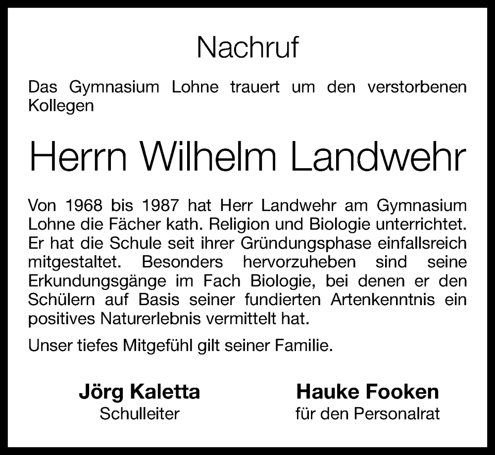  Traueranzeige für Wilhelm Landwehr vom 24.04.2024 aus OM-Medien