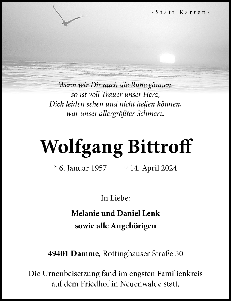  Traueranzeige für Wolfgang Bittroff vom 29.04.2024 aus OM-Medien